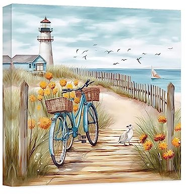 CCWACPP Strand Leinwand Wandbilder Küsten Leuchtturm und Möwe Fahrrad Drucke Ozean Meereslandschaft blaues Gemälde für Strand Themenzimmer Heimdekoration 30x30 cm