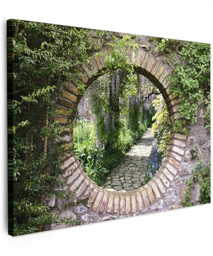 MuchoWow© Impression sur Toile Decoration Murale Peinture 70x50 cm Tableaux Decoratifs Muraux Déco Chambre Tableau Salon Forêt - Pierres - Vue de la fenêtre- Chemin