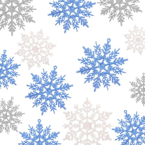 Syhood 48 Stück Schneeflocken Weihnachten Deko 4 Zoll Kunststoff Glitzer Schneeflocken Weihnachtsbaumschmuck Hängende Schneeflocken Ornamente für Weihnachtsbaum Hochzeit (Blau, Silber, Weiß)