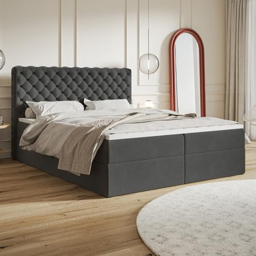 MOTIVENA Nero Chesterfield Boxspringbett 160x200 mit Bettkasten und Topper, Polsterbett 160x200 mit Bettkasten, Taschenfederkern-Matratze (H3), T28 Schaumstoff Topper (H3), Samt, Grau (Anthrazit)