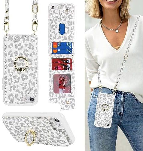 Cavor Phone Case compatible with iPhone 7/8/SE 2020/SE 2022 With Card Holder With Lanyard Strap,Flip Leather Wallet Case,Ring Kickstand Shockproof Cover Case - White Leopard