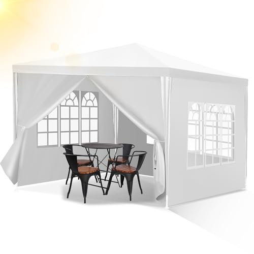 Izrielar Cenador impermeable para jardín con paneles laterales y ventanas estables, protección UV, para jardín, fiesta, boda, puesto de mercado, color blanco, 3 x 3 m (Stück)