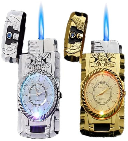 Winddichtes Jet-Turbine-Butan-Fackel-Feuerzeug mit direkter Flamme, Butan-Nachfüll-Gasfeuerzeug, aufblasbares Vintage-Zifferblatt-Feuerzeug aus Metall 2 in 1, schönes Herrengeschenk for Kerzen, Zigarr