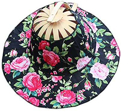 COSSIKA Fan Hat Bamboo Foldable Hand Fan for Sun Hat Women Sunhat Hat with 2 in 1 Foldable Chinese Style Bamboo Frame Floral Printed