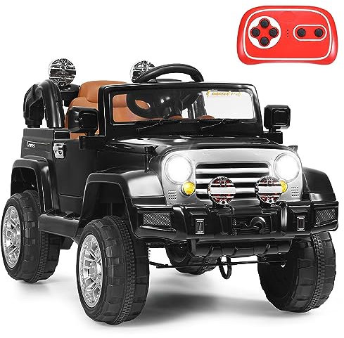 RajoNN 12V Kids Ride on Car, Battery Powered Truck Vehicle with Remote Control, LED Lights, MP3, Horn, Adjustable Volume, Electric Ride on Toy Gift for Boys Girls (Black)