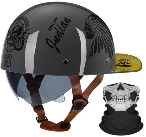 Motorrad Halbhelm Halbschalenhelm Baseballmütze-Helm ECE-Zulassung | Mit Gesichtsschutz Baseball Cap Motorradhelm Mit Schrumpfbare Braune Linsen Schnellverschluss 55-64CM