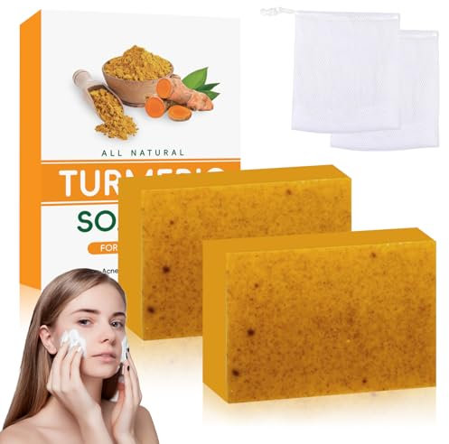 TECHEEL Kurkuma Seife Turmeric Soap Kurkuma Seifenstück Gesichtsseife Seife Feste Gesichtsseife Turmeric Brightening Soap Kurkuma Aufhellende Seife für Gesicht und Körper mit einem Schaumnetz