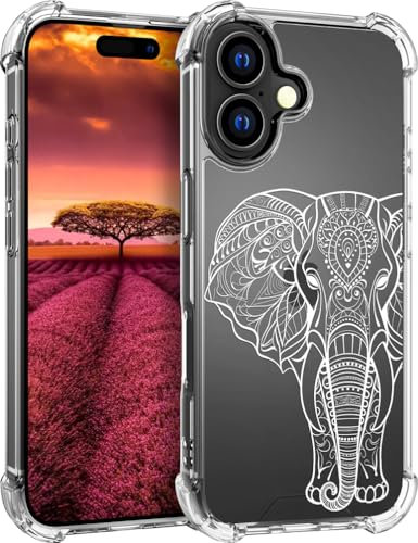 für iPhone 16 Plus Hülle, Transparent Blume Muster Schutzhülle für Frauen Mädchen Kratzfeste Rückseite HandyHülle Case für iPhone 16 Plus (Wunderschöne Elefanten-Strichzeichnung)