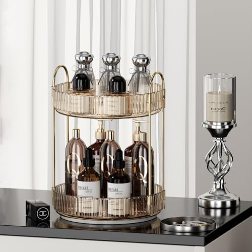 LEIKOSUP Organizzatore per Cosmetici Rotante a 360°, Porta Trucchi Organizzatore Grande Capacità,Organizzatore di Profumi,Organizer Trucchi Multifunzione per Toeletta,Camera da Letto, 2 Livello, Ambra