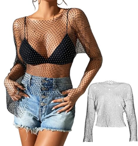 1 Piece Black Mesh Blouse, Glitter Rhinestone Long Sleeves, Sexy Transparent Fishnet Blouse, Crystal Crew Neck Blouse, Women’S Tank Top Blouse, Dinner, Party Festive Wear
