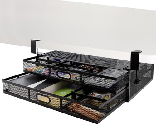 WATUNID Under Desk Drawer Organizer Clamp-On, Mesh Metal Under Desk Storage with 2 Slide Out Drawers, Hidden Storage Under Desk Office Drawers for Home Office Accessories (Large, Black)