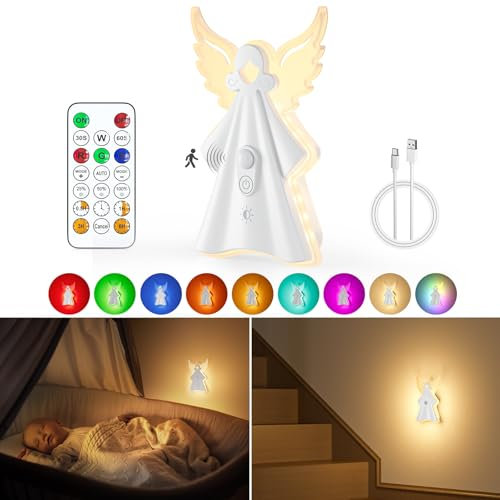 WOBANE Luz Nocturna Infantil Recargable, Lampara Quitamiedos con Mando a Distancia Temporizador, 18 Colores Regulable Luz de Noche con Sensor, Regalo para Niños Navidad