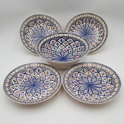 YODECO Bakir Couscous Soup Plate Set - Blue, 4 People, Star Pattern, Handcrafted Ceramic, Modern Decorative Style, 24 cm