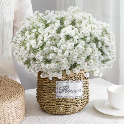 DBCMEW 25pcs Artificial Flowers, White Gypsophila Babys Breath Faux Flowers, 35cm/13.78in Long, Perfect for Home Decor, Wedding & Party Decorations
