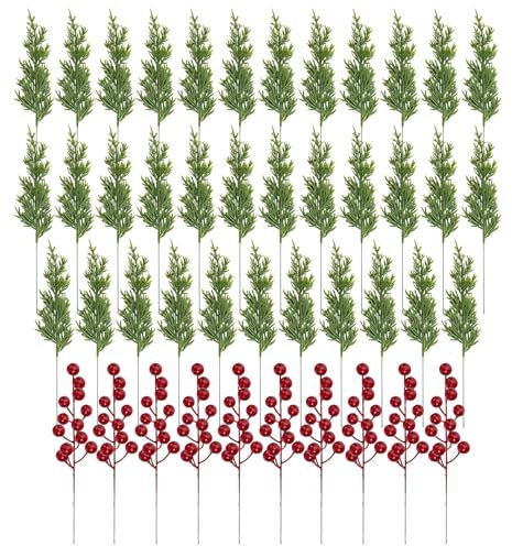 Branches De Pin Artificielles De Noël Avec Tiges De Baies Rouges | Branches De Faux Sapin De Noël De 10,5 Pouces | Le Pin De Norfolk À Feuilles Persistantes Réaliste Tiges La Verdure De Noël
