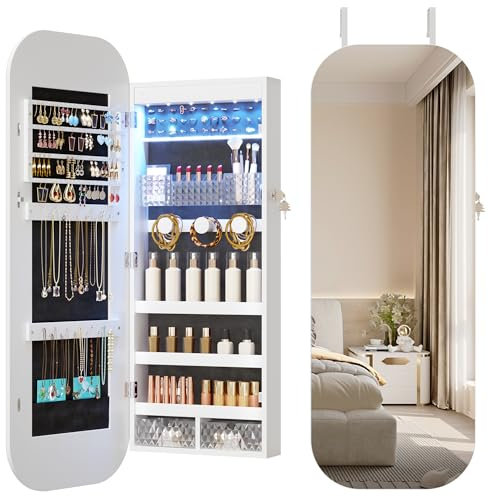 LVSOMT LED Oval Schmuckschrank Hängend/Stehend, Schmuckschrank mit Spiegel Tür/Wand, Spiegel mit schmuckschrank Abschließbar, Höhenverstellbarer Haken, Untere Ablage, Geschenke für Damen, Weiß