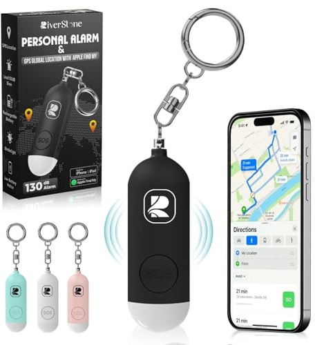 RiverStone Alarme de Sécurité personnelle 130dB pour Apple FindMy iOS (14.5+) Porte-Clés Traceur Anti-Agression, Sirène d’Urgence Femme Enfant Senior, Localisation, Auto-Défense, Batterie Longue Durée