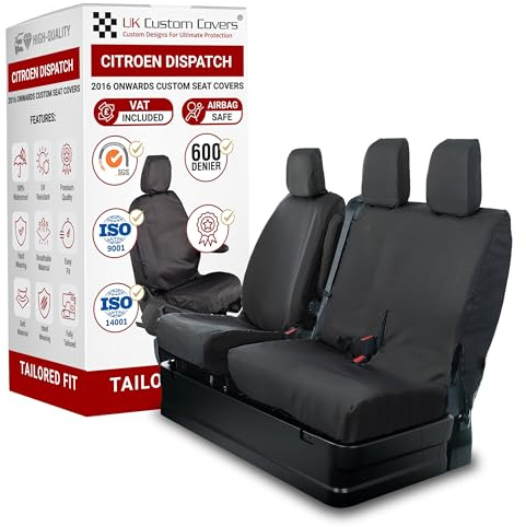 To Fit Citroen Dispatch Seat Covers 2016 On Front Set | Waterproof & Heavy Duty, Airbag Compatible, Easy To Fit - Tailored Driver & Double Passenger Black