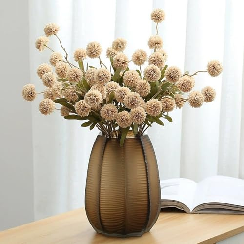 Xshelley 6 pièces Fleurs artificielles Pompon Mum, Fausse soie Mini Chrysanthème avec tiges, pour bouquet DIY centres de table bureau décoration de mariage (Beige)
