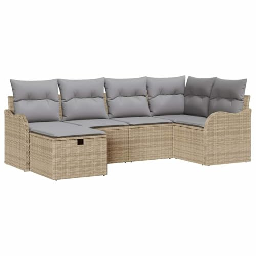 vidaXL Garten-Sofa-Set mit Kissen 6 pcs Beige und Hellgrau Poly Rattan, Garten und Terrasse, modernes, langlebiges Rattan-Sofa-Set, modulares Möbel für sommerliche Entspannung, wetterfest