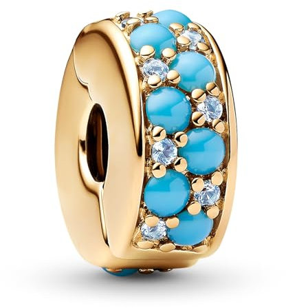 Pandora Moments 763902C01 Breloque à clip en argent sterling plaqué or 14 carats avec cristaux bleu glacé et bleu capri compatible avec pendentif Moments, 10,5x10,9x4,8 mm, Argent sterling, Pas de