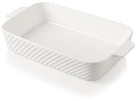 Sweejar Home Ceramic 9x13 In Baking Pan, Cake Baking Dish for Brownie, Porcelain Striped Casserole Dishes for Oven with Handle for Lasagna, Family Dinner(White)