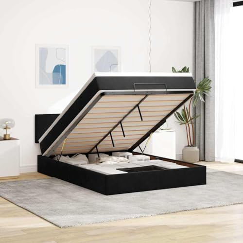 Qnhdfrt Velvet Hydraulic Storage Bed with Mattress, 140x190cm, Black | Features gas-lift underbed clearance to maximize bedroom space, ideal for guest rooms and small apartments.