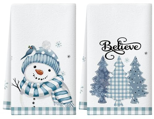 Artscope 2 Piezas Navidad Paños de Cocina 45x66cm, Árbol de Navidad y Muñeco de Nieve Paños Cocina de Microfibra Navideña Trapos Paño para Decoración Hogar Regalos (Azul)