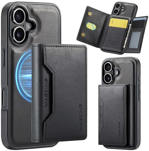 ALTORICO Hülle für iPhone 17 mit MagSafe Wallet, Abnehmbar Magnetic Kartenhalter mit 8 Karten Halter, 2-IN-1 Magnetische Handyhülle Standfunktion Schutzhülle Kartenfach Lederhülle Klapphülle, Schwarz