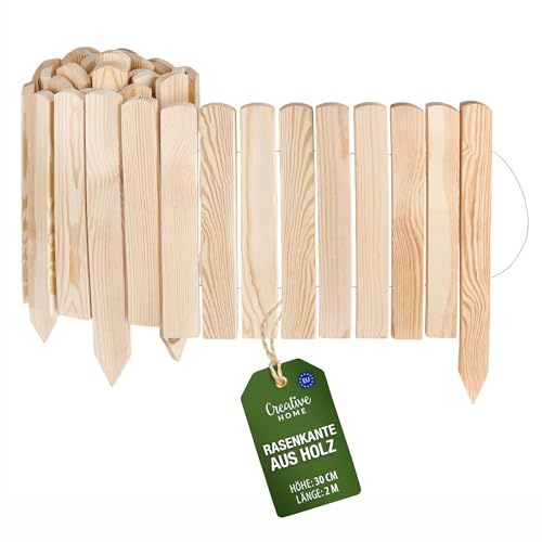 Creative Home Rasenkante Beeteinfassung Holz 200 x 30 cm (L x H) Natur | Flexible Beetumrandung 30 cm hoch Gartenzaun zum Stecken | Ideal als Beetbegrenzung, Holzzaun, Deko Zaun, Mähkante, Beetzaun