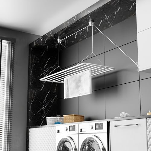 Wäscheständer Decke 140x50cm, Wäscheständer Platzsparend mit 11.2 Metern Trocknungsoberfläche, Wäscheständer Badewanne, Vertikal Zusammenklappbar 2.5 Meter, Deckenwäschetrockner aus Metall, Weiß
