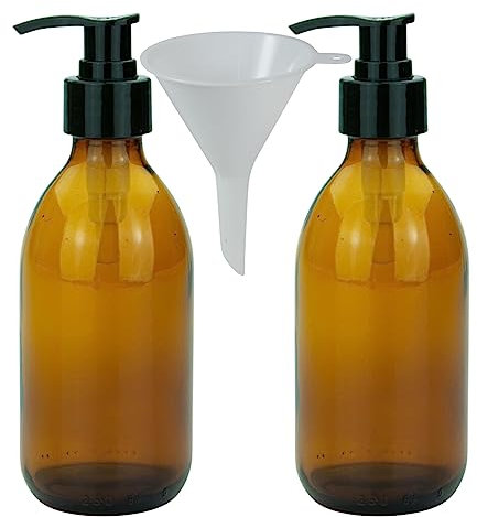 mikken 2er Set Seifenspender Glas Braun 250 ml – Nachfüllbare Lotionspender & Pumpflaschen BPA-frei, für Seife, Desinfektionsmittel, Spülmittel, Shampoo inkl. Trichter – Braunglas Spender