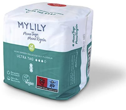 MYLILY® Damen Binden Bio Tag (14 Stück) I 100% Bio-Baumwolle | Binden ohne Duftstoffe | Binden Atmungsaktiv | Binden Menstruation | Binden Damen starke Blutung | Binden mit Flügel I Organic Binden