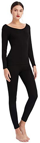 Mcilia Damen Ultradünnes Thermo-Unterwäsche Oberteil & Unterteil-Set aus Modal mit tiefem Rundhalsausschnitt Schwarz X-Large (EU 50)