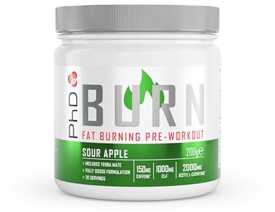 PhD Nutrition Burn Pre-Workout Pulver 200g Saurer Apfel - Pre Workout Booster für verbesserte körperliche und mentale Leistung, Enthält Koffein, L-Carnitin, Zink & Vitamine
