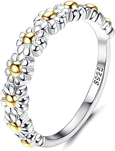 Adramata 925 Sterling Silber Gänseblümchen Ringe Frauen Damen Stapelringe Knöchelringe Lässige Ringe Zarte Alltagsringe Komfort Fit Zierliche Einfache Blumenbänder Ringschmuck