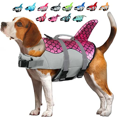 EMUST, Giubbotto di salvataggio per cani grande, regolabile, con maniglia di salvataggio, per nuoto, piscina, spiaggia e barca, per cani di taglia piccola, media e grande, turchese (XL, rosa)