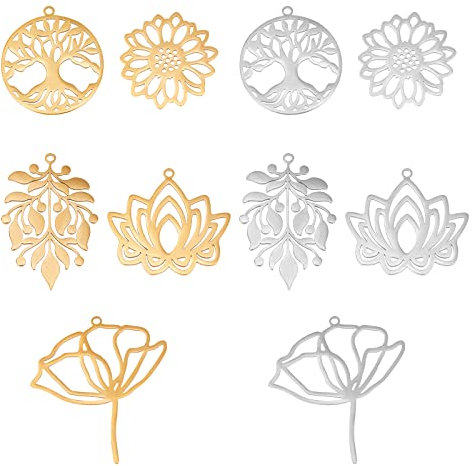 DICOSMETIC 10Pcs 5 Ciondoli in Acciaio Inossidabile Stile Fiore di Loto e Ciondoli Foglia Ipoallergenici Piatti Rotondi con Ciondoli Albero della Vita per Creazione di Gioielli