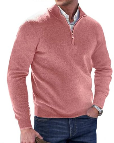 Minetom Uomo Maglione Morbido A Maniche Lunghe con Cerniera sul Collo Zip Pullover Invernale Giacca in Maglia Maglione Sweater A Rosa L
