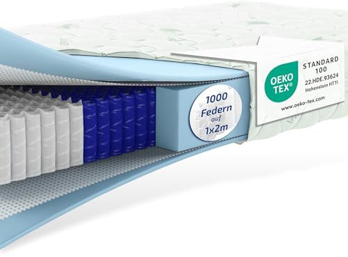 Matratze mit 1000 Federn, Top Anpassung, 23cm hoch, 4 Härtegrade mit 7-Zonen Taschenfederkernmatratze Modell München, 90 x 200 cm – mit Aloe-Vera veredeltem Bezug, Härtegrad H5, Höhe 23 cm