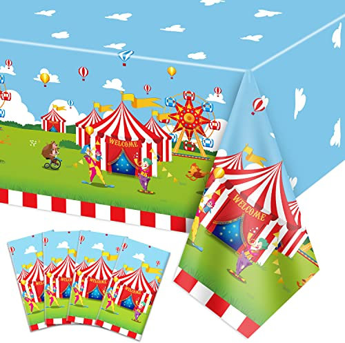 QUERICKY Circus Theme Tablecloths, 220x130cm Carnival Rectangle Table Cover, Red and White Striped Table Cloth for Kids Birthday Party, Circus Carnival Party Decorations Supplies (4)