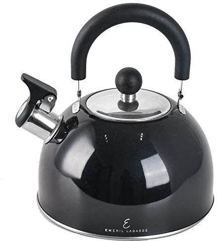 Emeril Lagasse Pfeifender Teekessel, 2,5 l, Edelstahl-Teekanne für Induktionsherd, schnell kochendes Wasser für Zuhause, Küche, mit ergonomischem kühlem Klappgriff, Schwarz