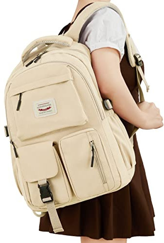 FIORETTO Lightweight School Backpack Womens, Cute School Bag for Teenager Girls, 14 Inch Laptop Rucksack Casual Daypack Backpack for Travel College Work Beige