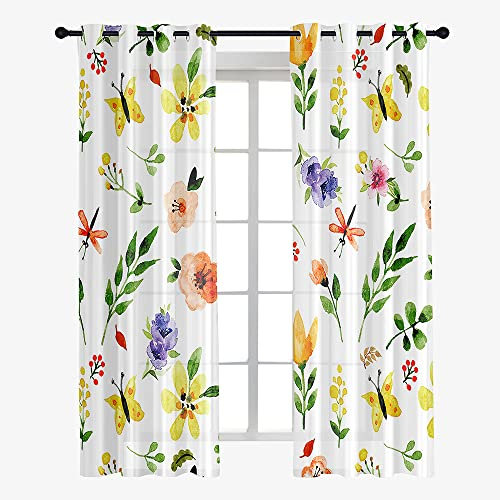 Hiseng Voile Vorhänge mit Ösen, Gardinen Halbtransparent 2er Set, Vorhang Boho Gardinenschals Ösenschal Gardinen Wohnzimmer 3D-Blumendruck Curtains mit Schlaufen (140x244cm,Schmetterling)