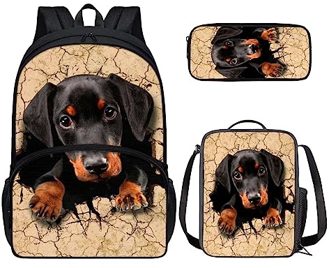 Howilath 3D-Rucksack mit niedlichem Dackel-Hund, beige, 3-teilig, mit Lunch-Tasche, Stiftebox, bezauberndes Welpen-Schulranzen-Set für Kinder