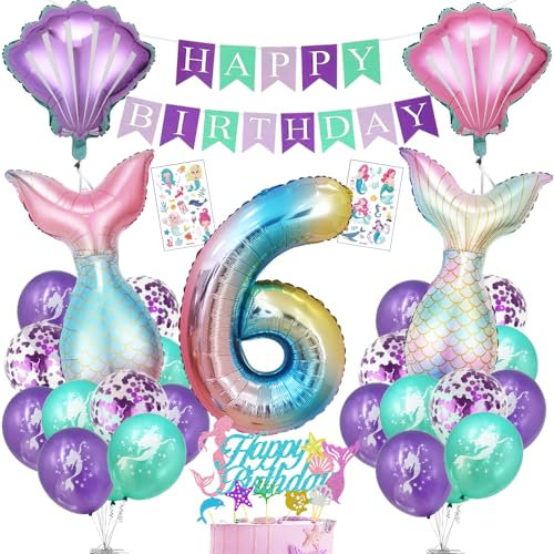 Bluelves Meerjungfrau Geburtstag Deko 6 Jahre, Meerjungfrauen Party Luftballon, Kindergeburtstag Dekoration Mädchen Folienballon 6, Meerjungfrau Ballonset mit Happy Birthday Banner