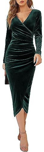 Joligiao Women Long Sleeve Velvet Wrap V Neck Elegant Party Dress - Sexy Ruched High Waist Slit Cocktail Evening Clubbing Attire