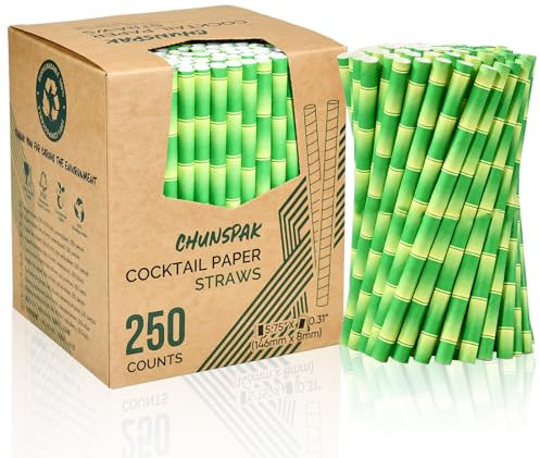 Biodegradable Green Bamboo Paper Drinking Straws 14.6cm x 8mm Wide - Pack of 250 - For Short Drinks, Cocktails, Smoothies, Milkshakes