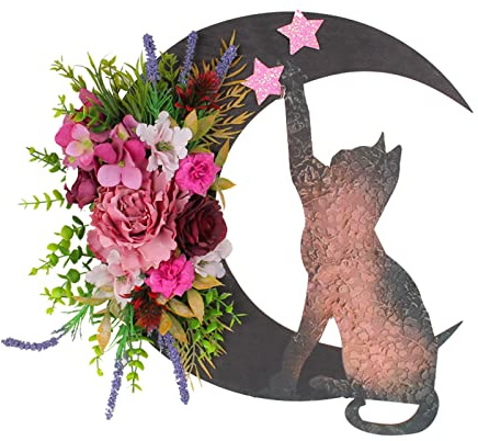 Halloween Kranz,Türkranz Ganzjährig Maritim Katzenkranz, Pflanzenhalbmonde mit lila Blumen und Sternen, Halloween-Mond, Heimdekoration, Geschenke für Katzenliebhaber Makramee Holzstab (A, One Size)