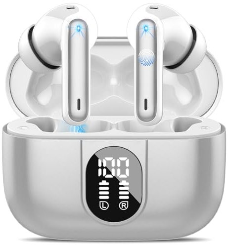 Csasan Bluetooth Kopfhörer, Kabellos Bluetooth 5.3 Deep Bass mit 4 ENC Mic, 40Std Spielzeit Touch Control In Ear mit LED-Anzeige, IP7 wasserdichte Ohrhörer für Arbeit Studium Sport Grau